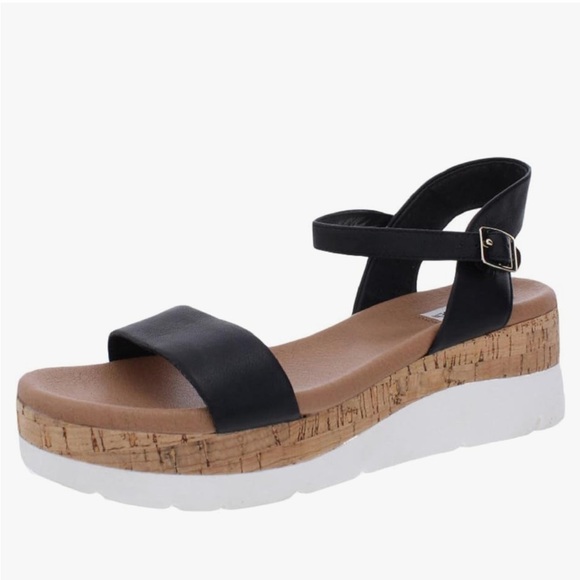 Steve Madden Rosalita Stacked Cork Platform Leather Sandals, Black, 8 - Picture 3 of 11